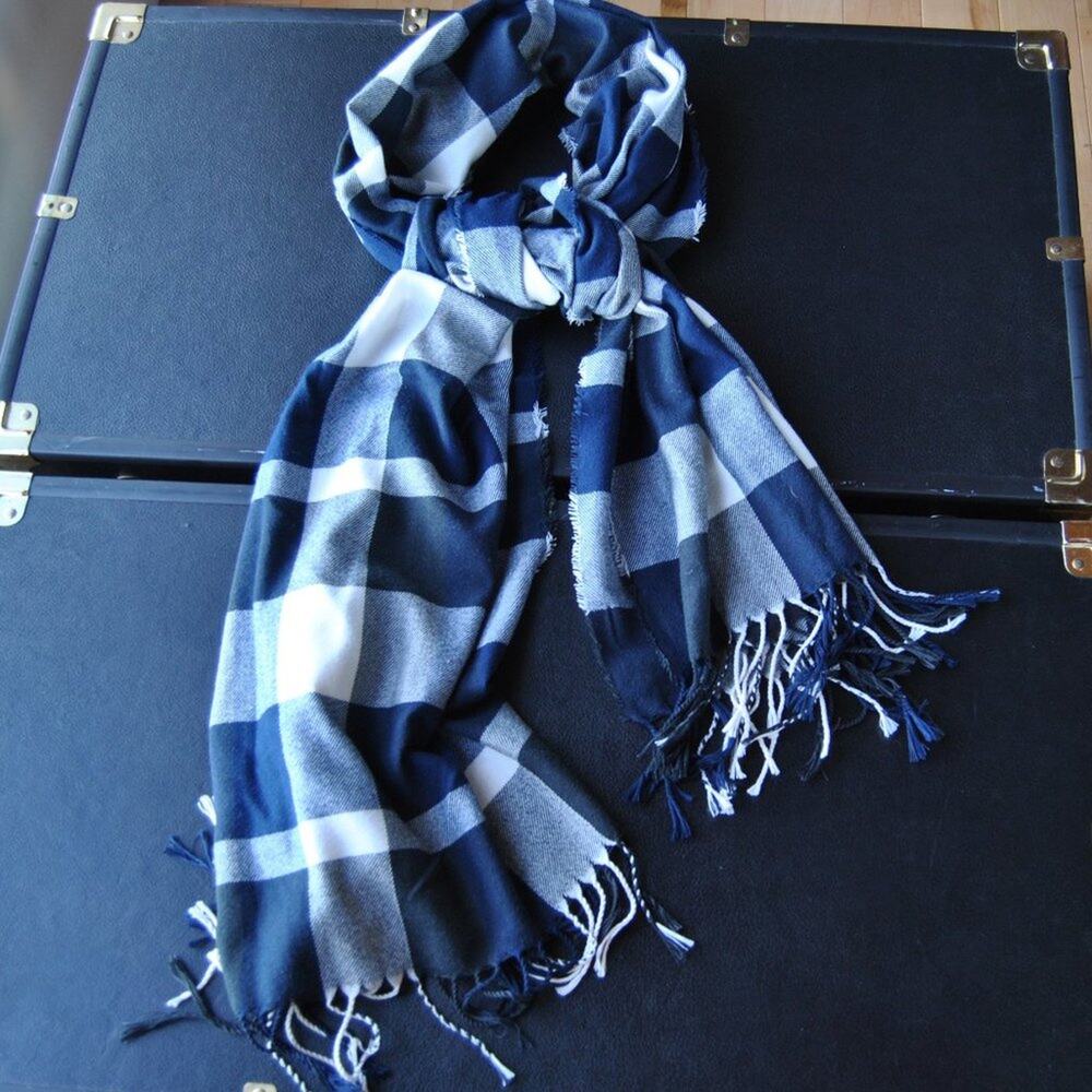 Plush Blue Flannel Scarf w/ Tassel Ends